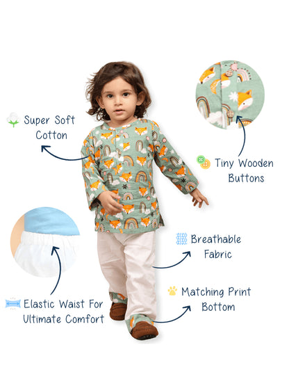 Polka Tots Wolf Print Full Sleeves Nightwear Kurta pyjama set - Green