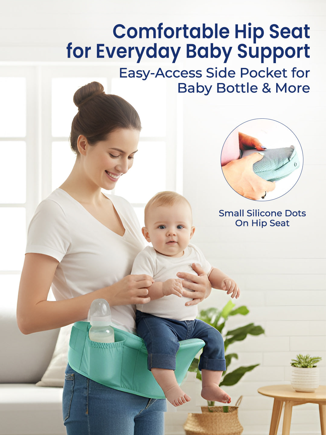 Woman holding a baby with a teal hip seat and side pocket, featuring text about comfort and functionality.