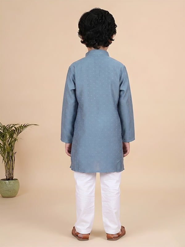 Polka Tots Full Sleeve Boys Geometric Buta Weave Ethnic Kurta Pyjama Set with Wooden Buttons - Blue