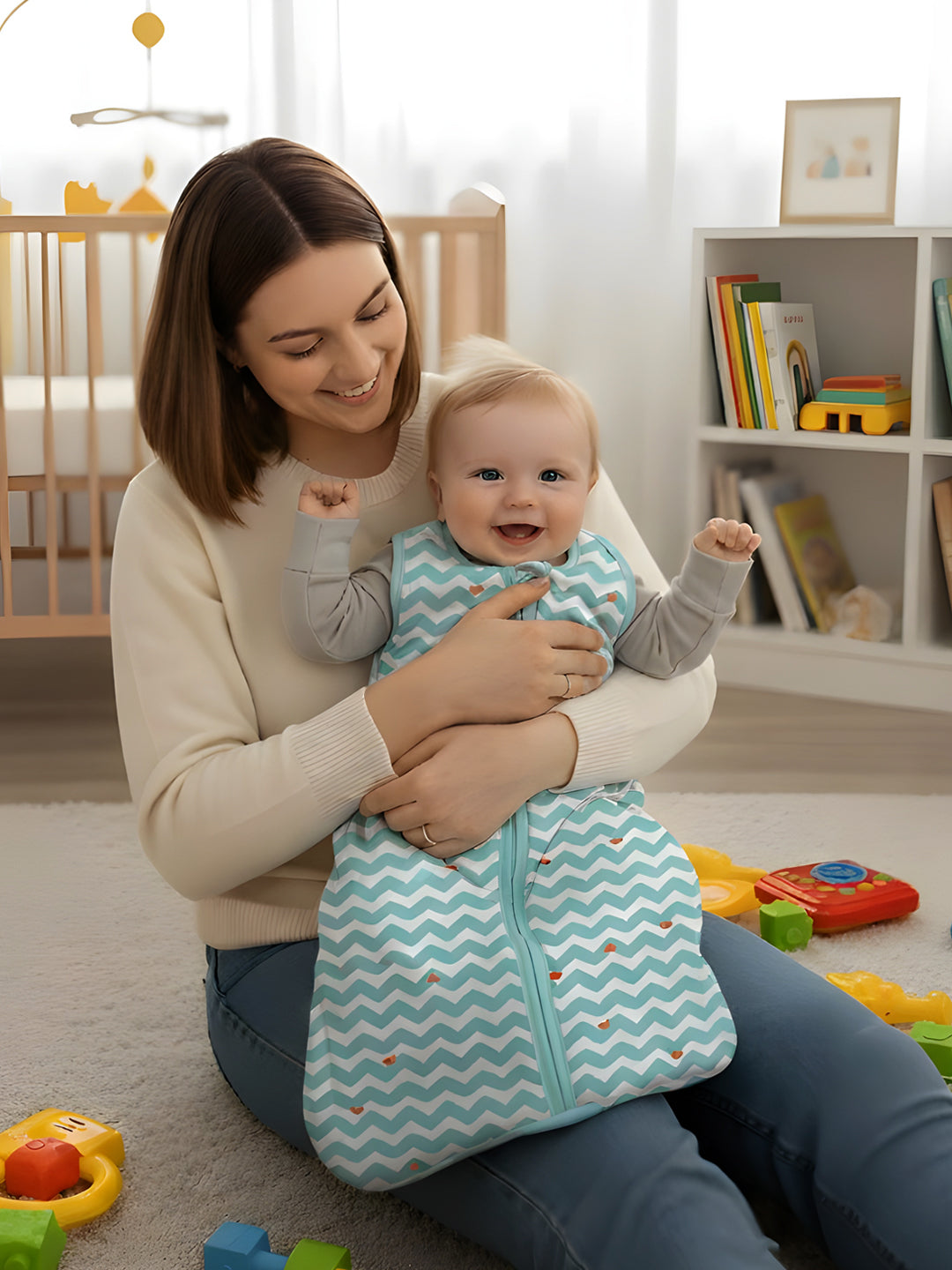 Polka Tots 100% Soft Cotton Wave Print Sleeping Bag with Cap - Blue