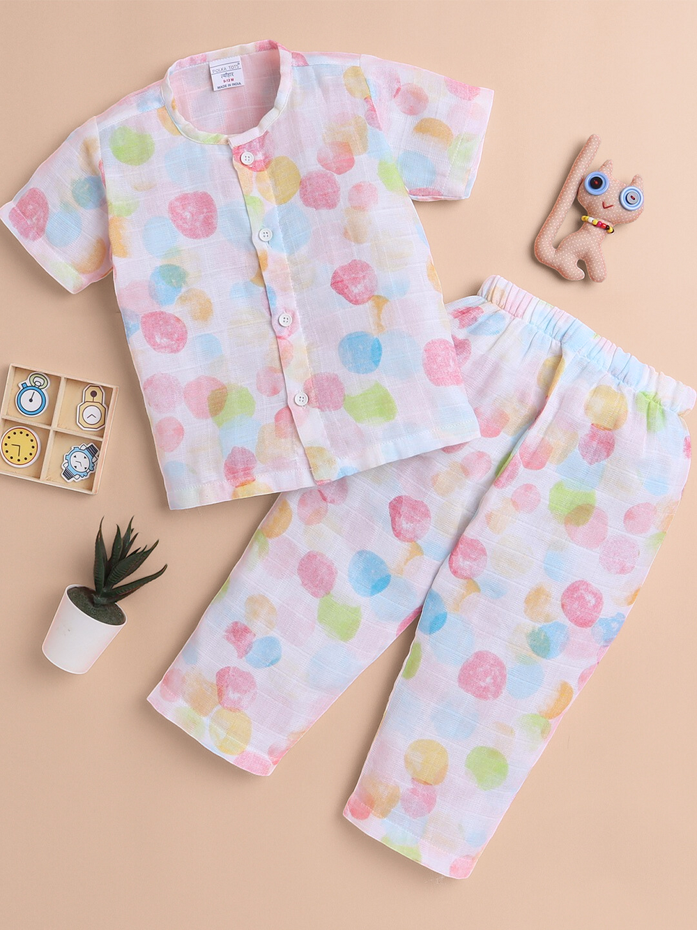 Polka Tots Soft Muslin Cotton Half sleeves Polka Dots print Jhabla and Pant Set - Multicolor