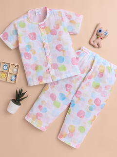 Polka Tots Soft Muslin Cotton Half sleeves Polka Dots print Jhabla and Pant Set - Multicolor