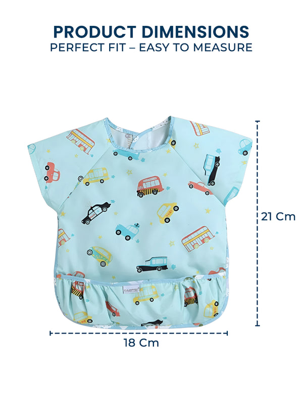 POLKA TOTS Half Sleeve Baby Bibs for Toddlers Feeding Apron with Pocket Washable/Reusable Baby Drooling Apron (Car Design)