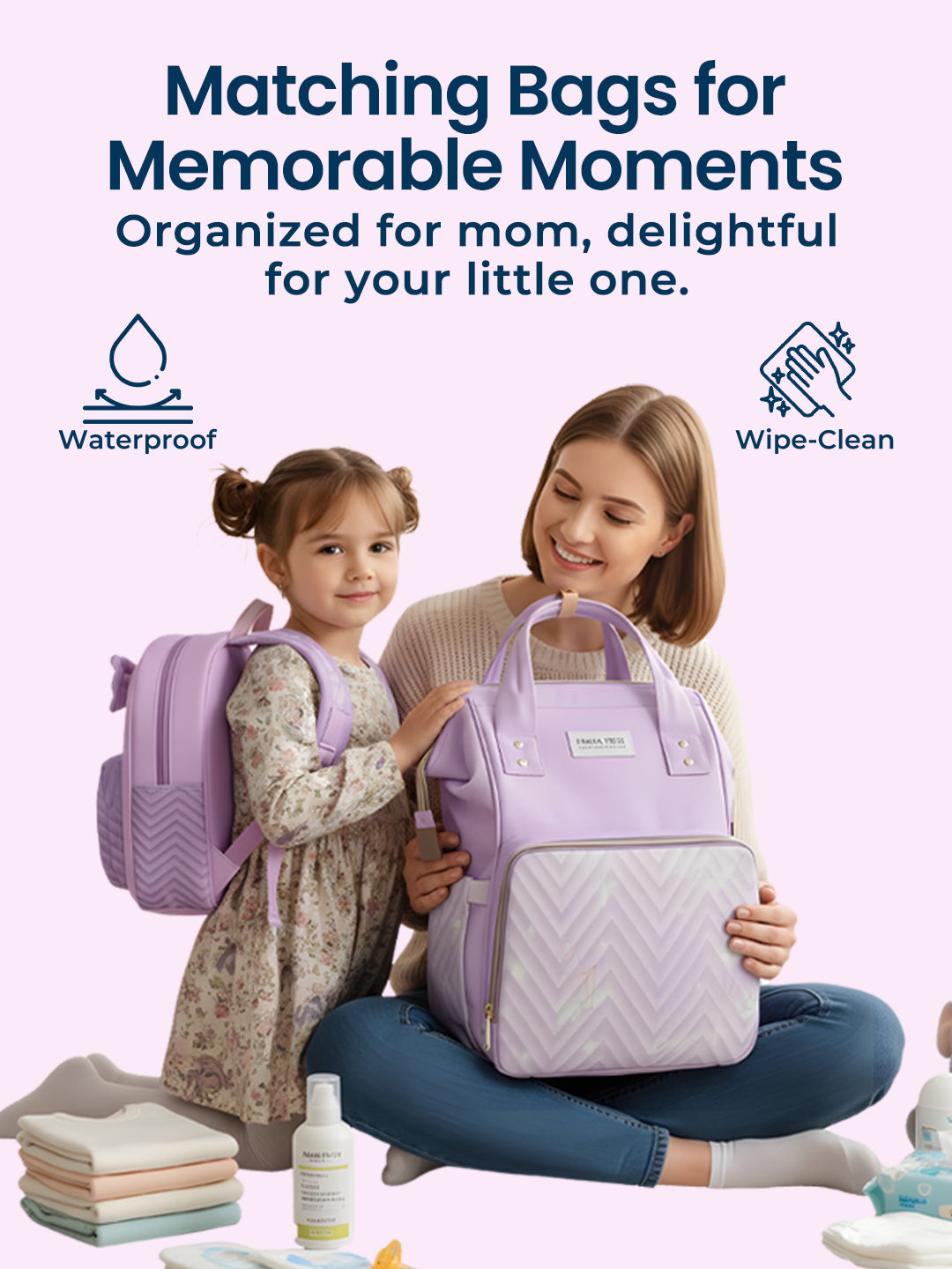 Woman and child holding matching purple bags with text about waterproof and wipe-clean features.
