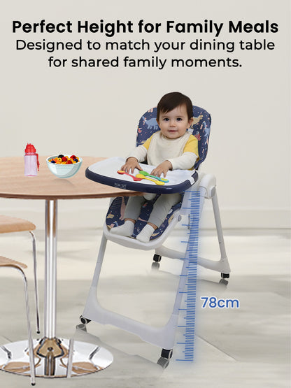 Child in a high chair at a dining table with text about perfect height for family meals.
