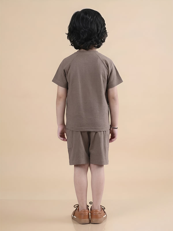 Polka Tots Half Sleeves Solid T-Shirt Shorts - Brown