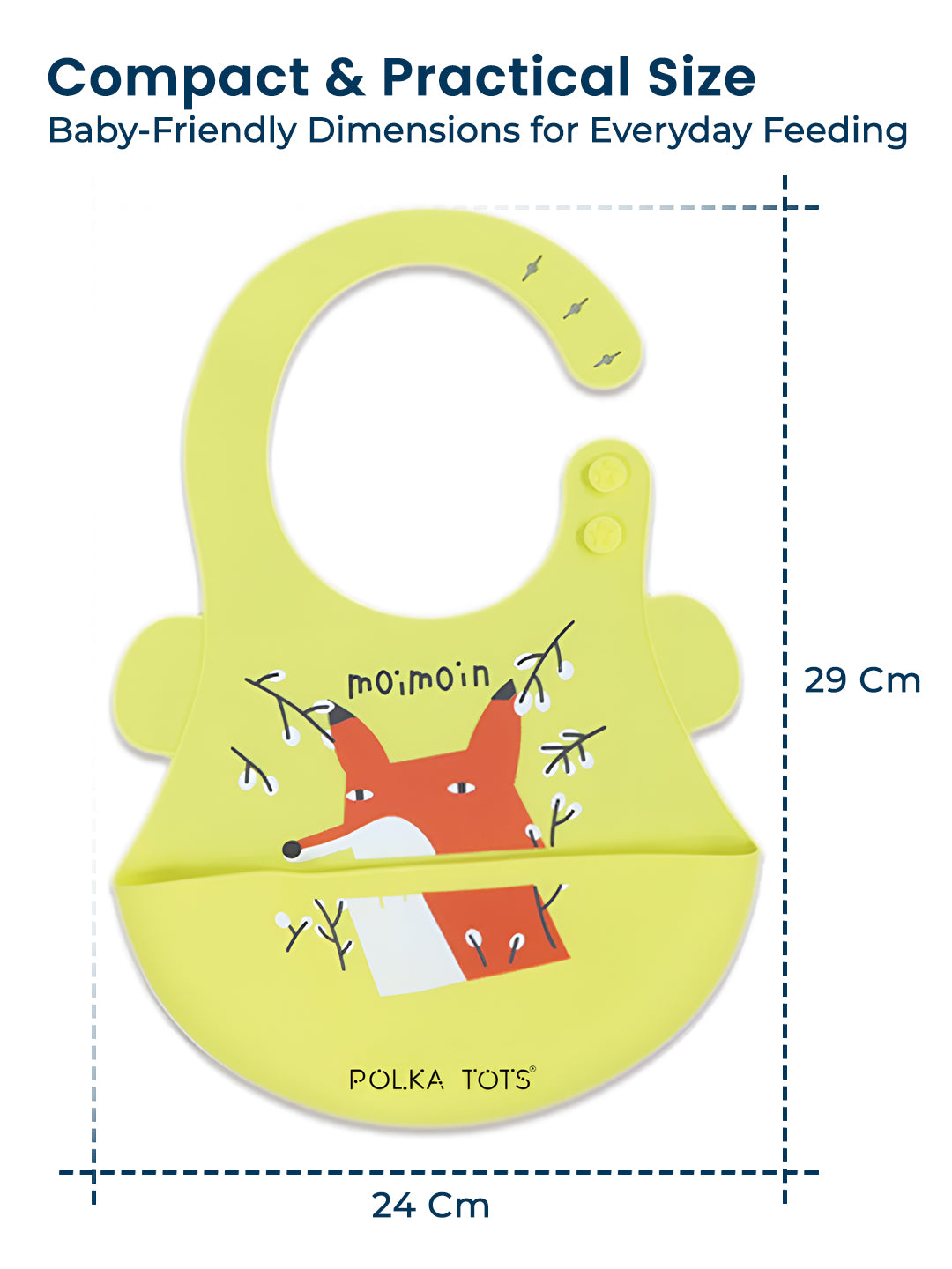 Yellow baby bib with fox design and dimensions on a white background