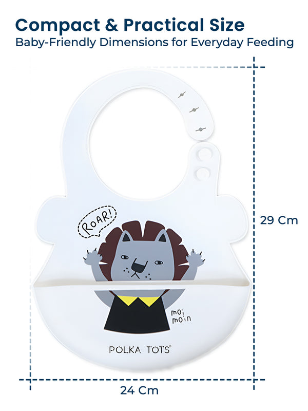 Polka Tots Waterproof Silicone Bibs with Pocket and Adjustable Snaps (White Lion)