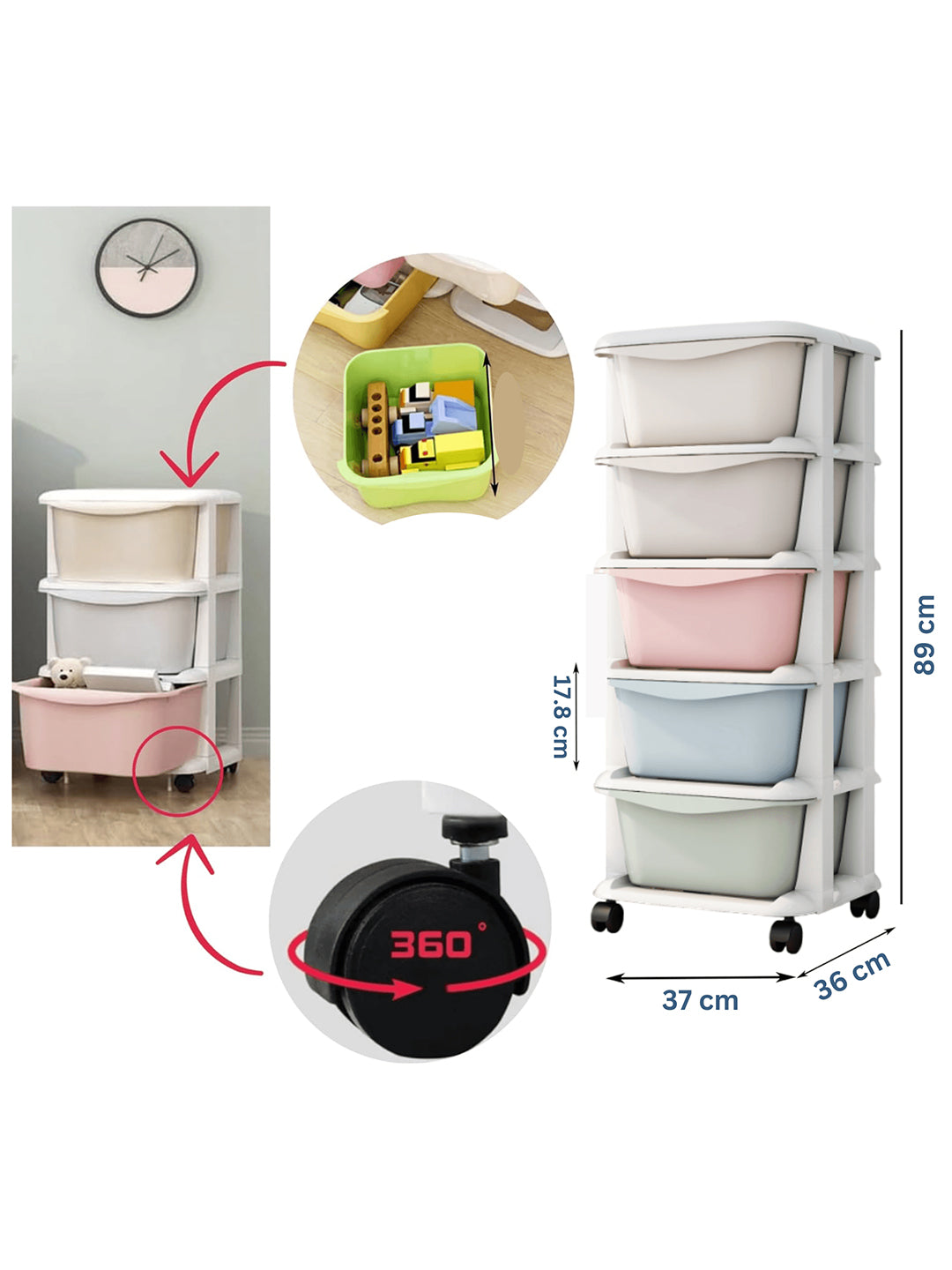Multifunctional storage tower with wheels and measurement details on a white background