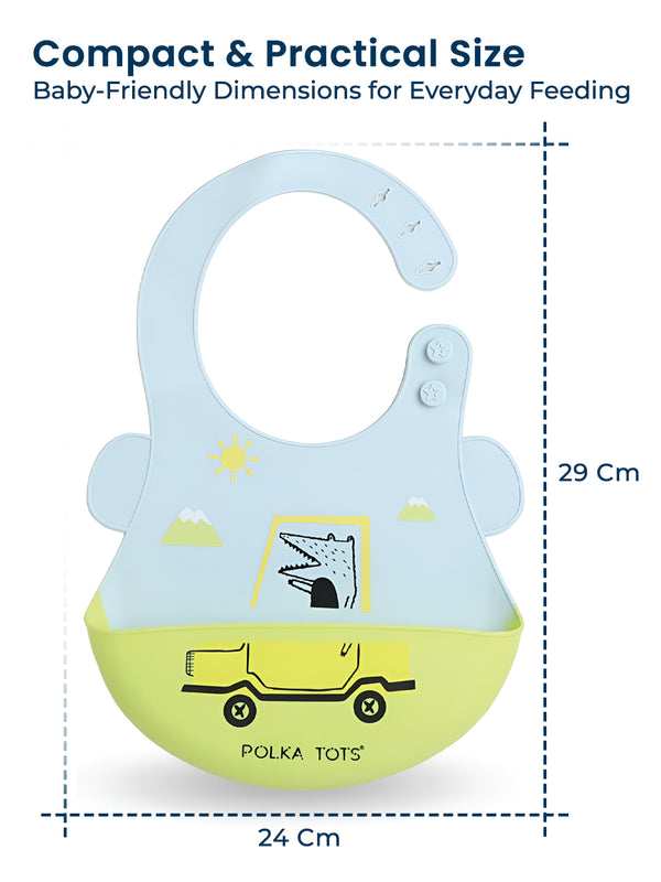 Polka Tots Waterproof Silicone Bibs with Pocket and Adjustable Snaps (Green Car)