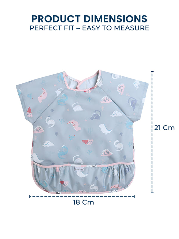 POLKA TOTS Half Sleeve Baby Bibs for Toddlers Feeding Apron with Pocket Washable/Reusable Baby Drooling Apron (Dino Design)