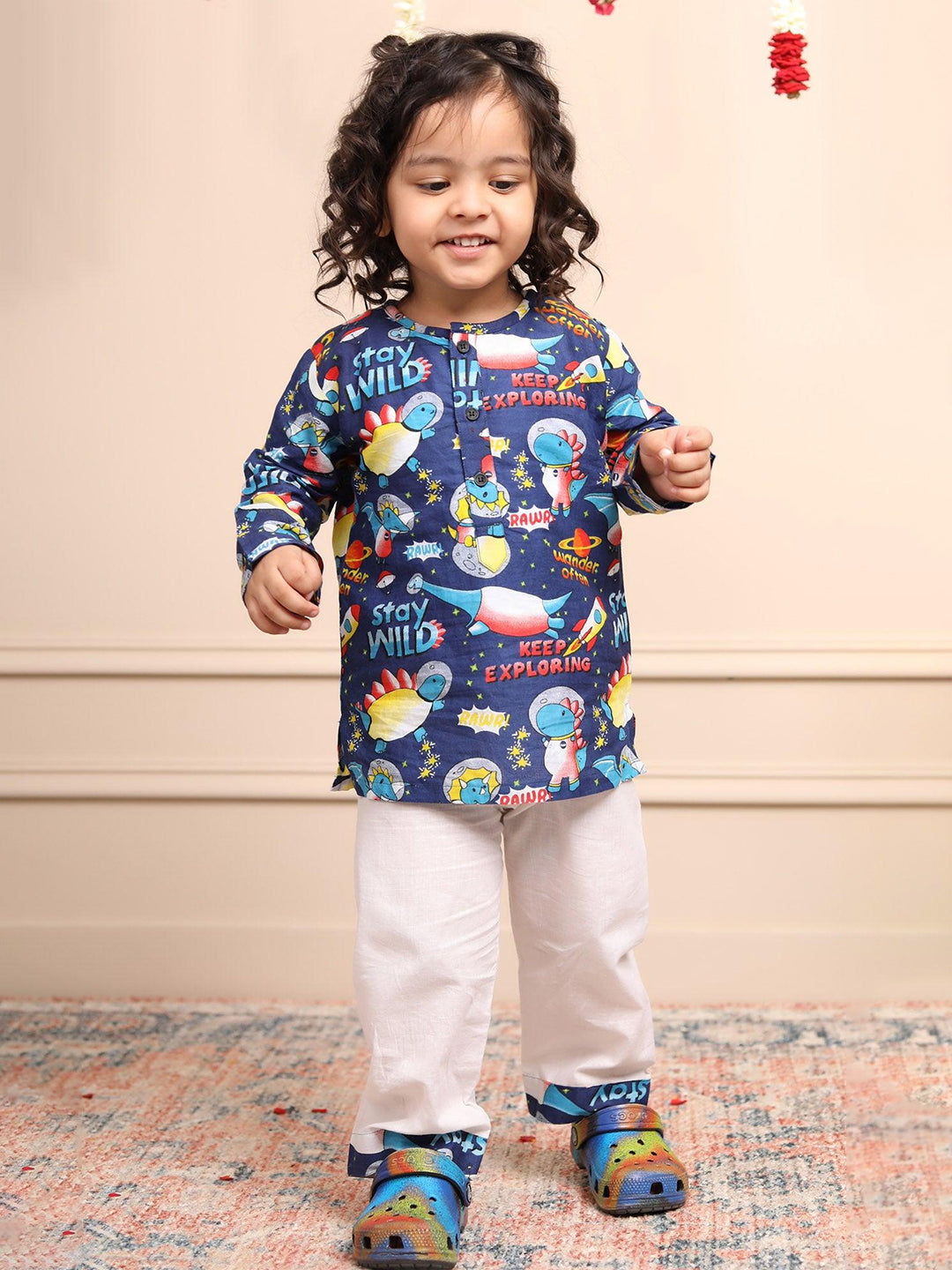 Polka Tots Space print Full sleeves Nightwear Kurta pyjama set - Blue