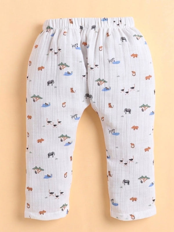 Polka Tots Wrinkled Muslin Cotton Jungle Safari Print Kediya Jhabla & Pant Set - White