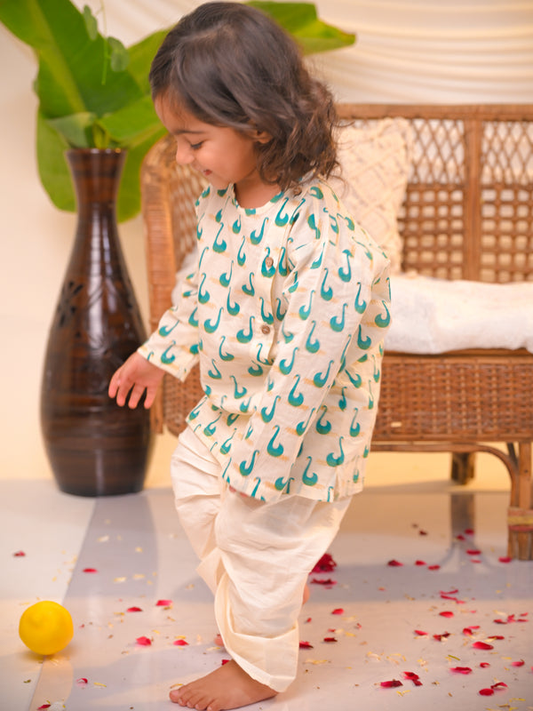 Polka Tots Swan Print Angrakha Top With Dhoti - Green
