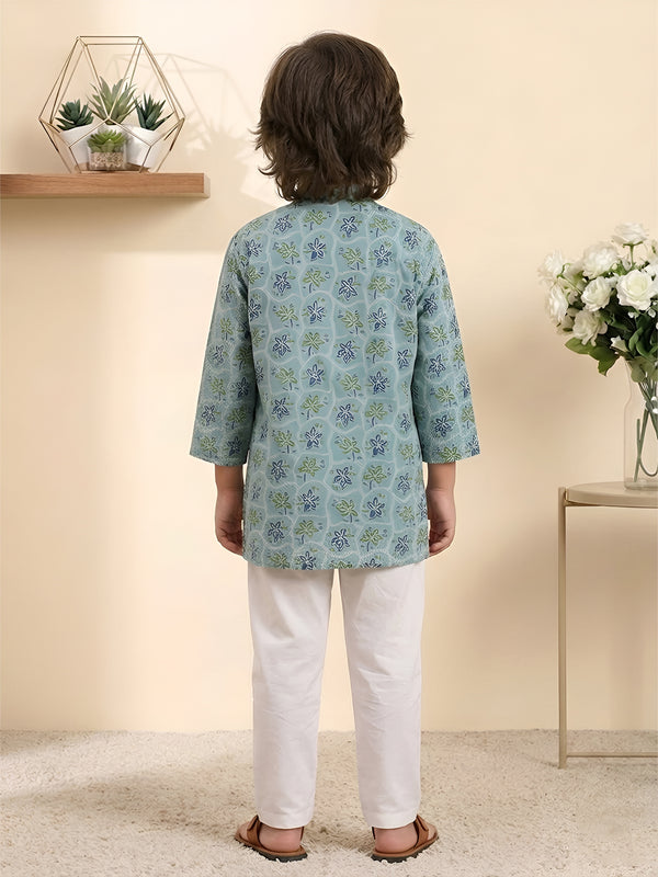 Polka Tots Cotton Full Sleeve Floral Printed Ethnic Kurta Pyjama Set - Green