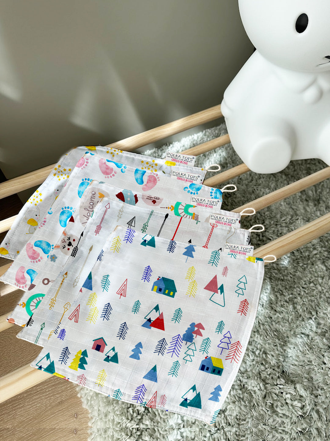 Polka Tots Newborn Pack of 5 100% Soft Muslin Cotton Washcloth Set