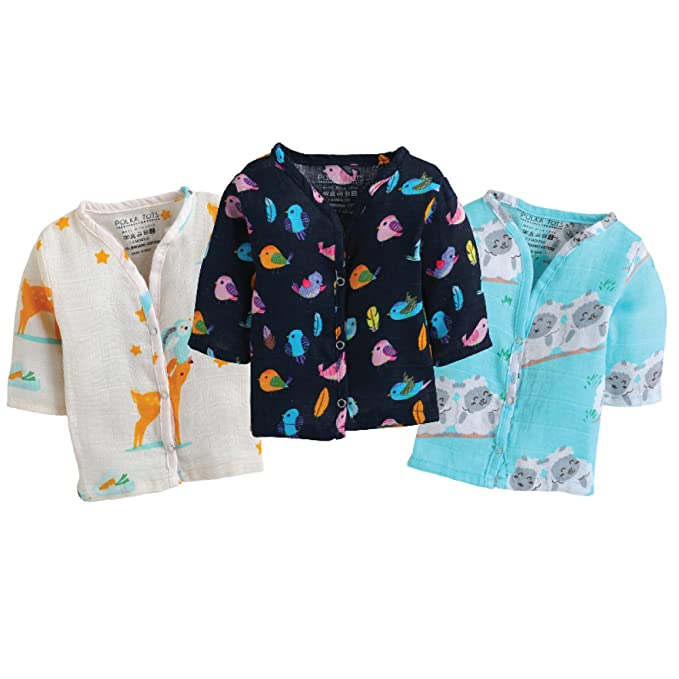 POLKA TOTS Organic Muslin Cotton Full Sleeve Vest Push Button Jhabla, Summer wear Soft Jabala for Toddler Baby Boys (Pack of 3)