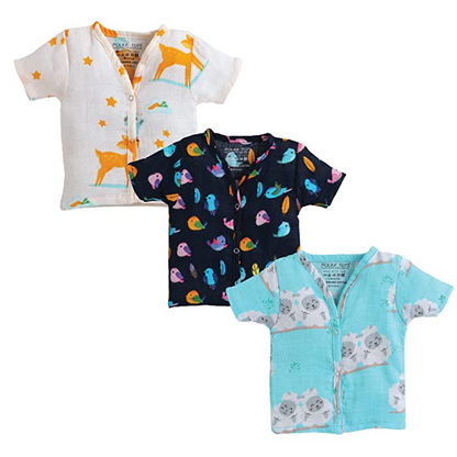 POLKA TOTS Organic Muslin Cotton Half Sleeve Vest Push Button Jhabla, Summer Wear Soft Jabala for Toddler Baby Boys (Pack of 3)
