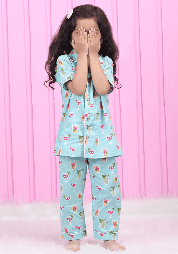 Polka Tots Half Sleeve Juice Print Night Suit - Blue