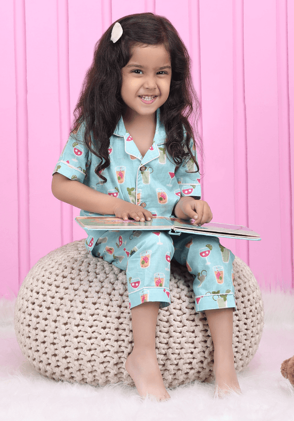 Polka Tots Half Sleeve Juice Print Night Suit - Blue