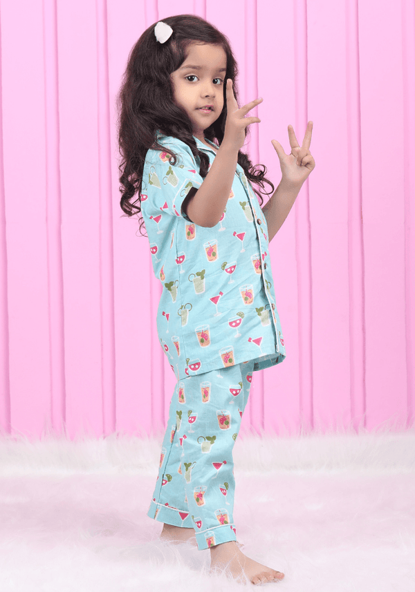 Polka Tots Half Sleeve Juice Print Night Suit - Blue