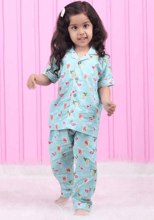 Polka Tots Half Sleeve Juice Print Night Suit - Blue