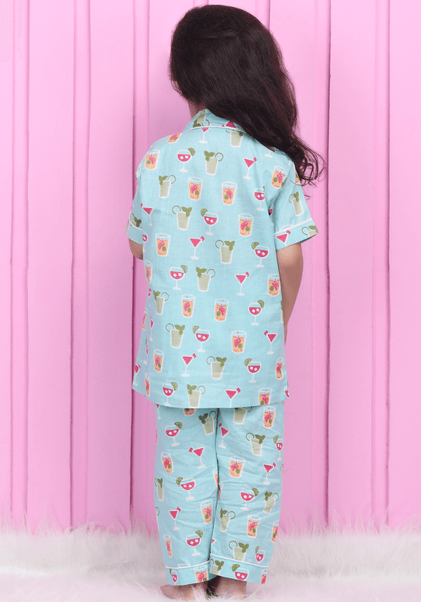 Polka Tots Half Sleeve Juice Print Night Suit - Blue