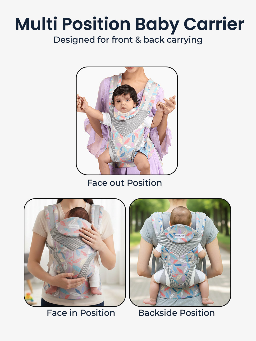 Multi-position baby carrier with images showing front, back, and side positions on a white background.
