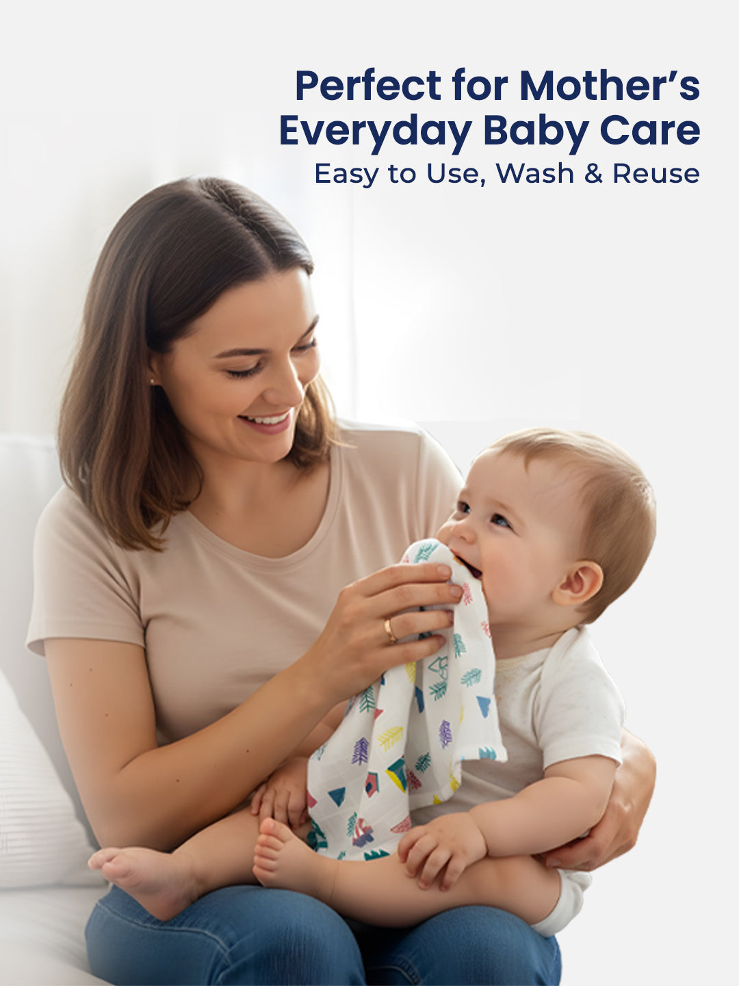 Woman holding a baby with a product, text about baby care, on a white background