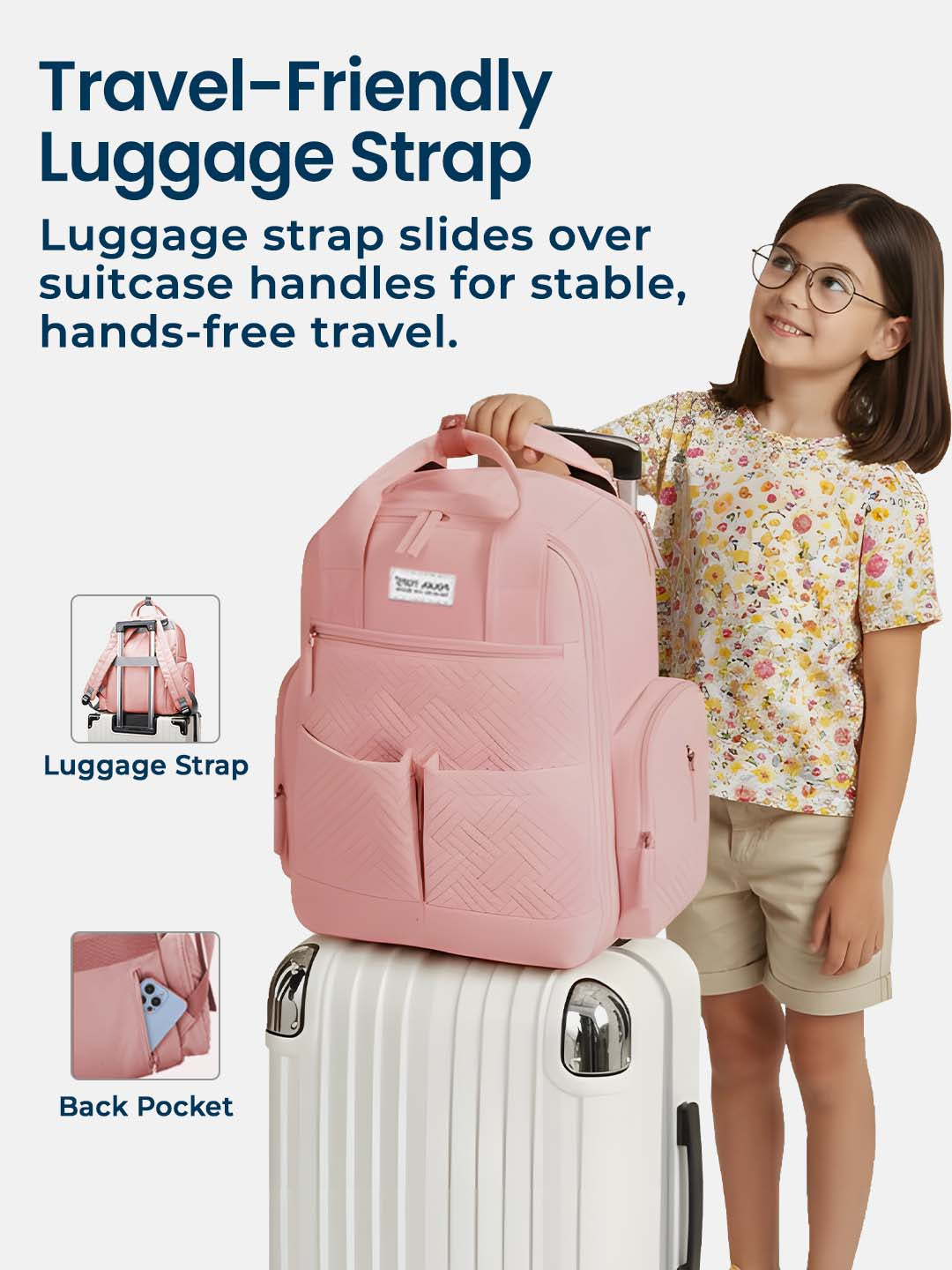 Girl holding a pink suitcase with a travel-friendly luggage strap, emphasizing stable hands-free travel.