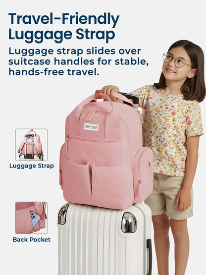 Girl holding a pink suitcase with a travel-friendly luggage strap, emphasizing stable hands-free travel.