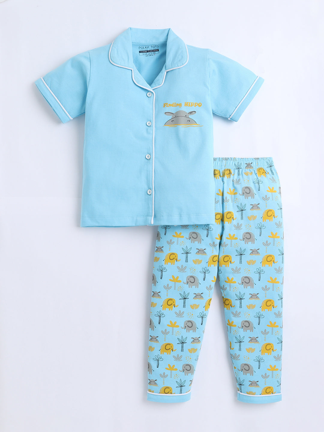 Children's pajama set with a blue shirt and patterned pants on a light gray background