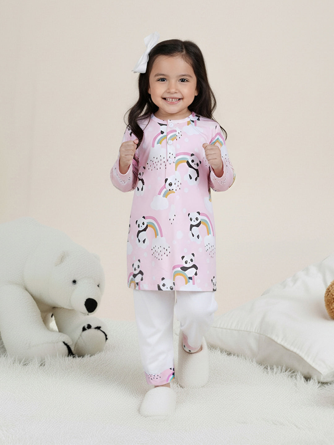 Polka Tots Panda Rainbow Print Full sleeves Nightwear Kurta pyjama set - Pink