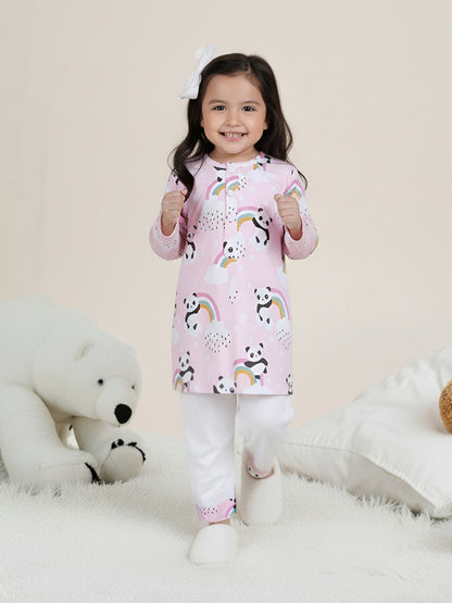 Polka Tots Panda Rainbow Print Full sleeves Nightwear Kurta pyjama set - Pink