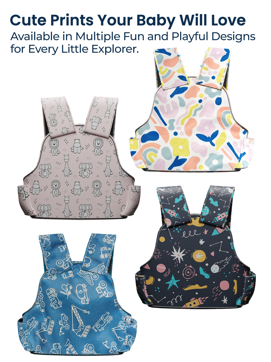 Four children's vests with different patterns and colors on a white background.