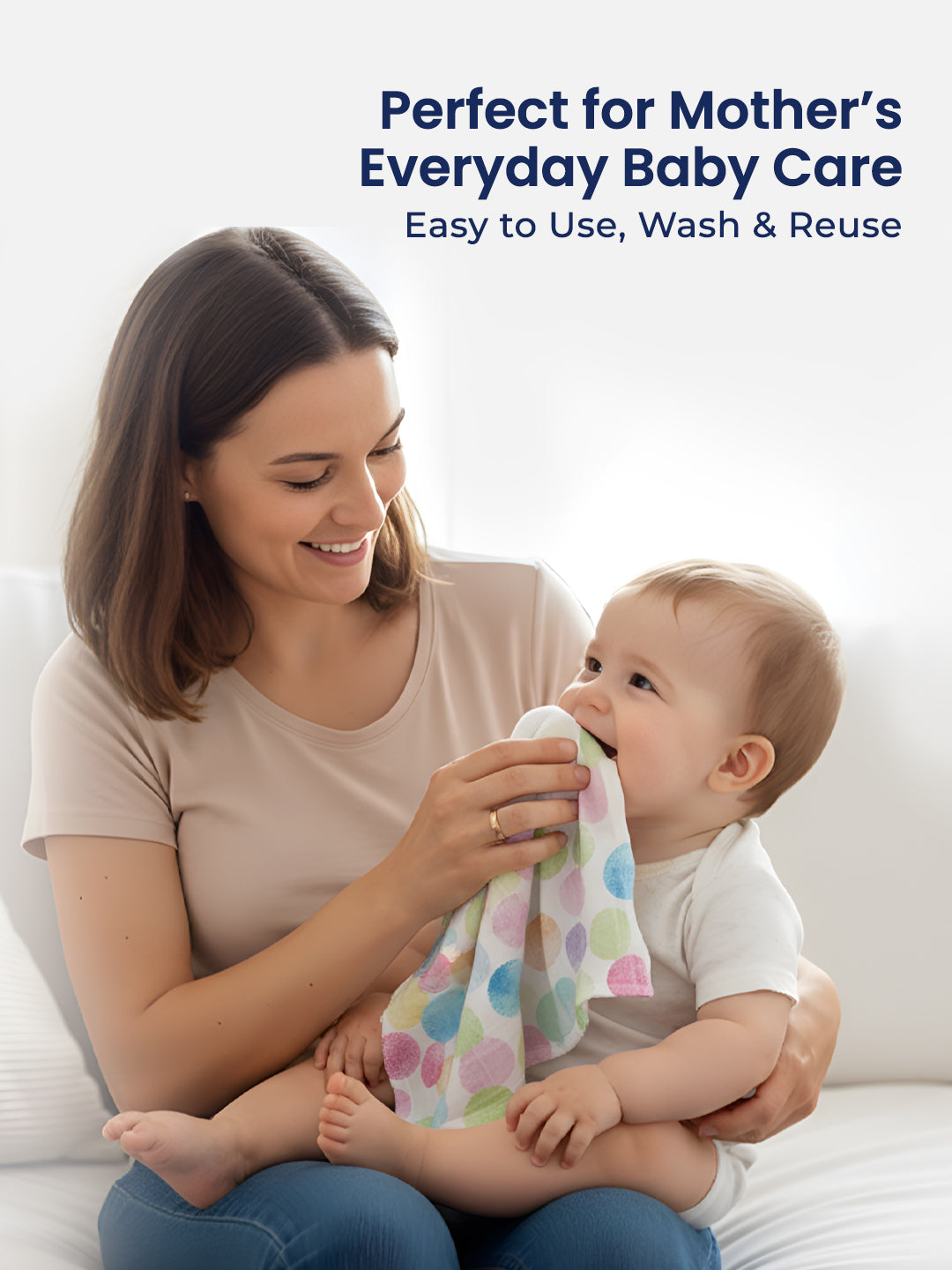 Woman holding a baby and a colorful cloth with text about baby care products.