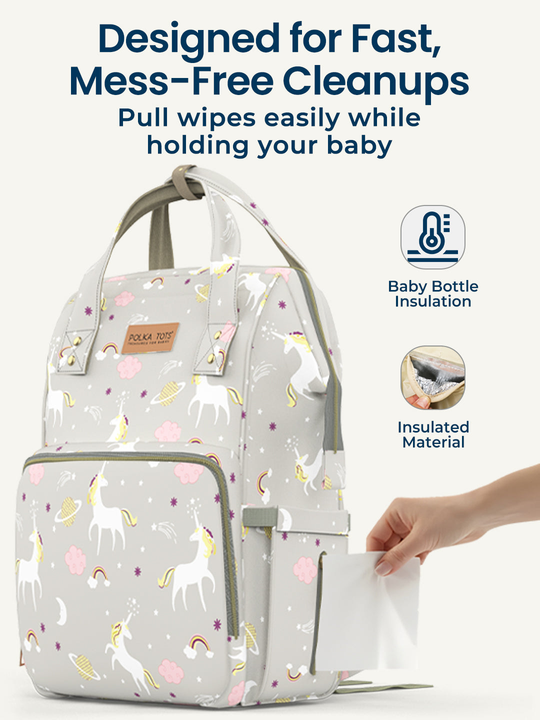 Diaper bag with unicorn pattern and text highlighting features like fast cleanups and insulated material.