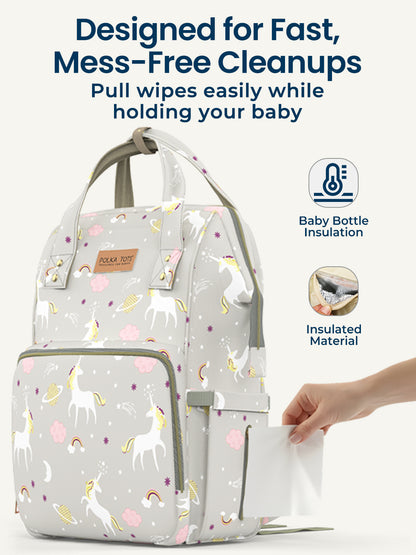 Diaper bag with unicorn pattern and text highlighting features like fast cleanups and insulated material.