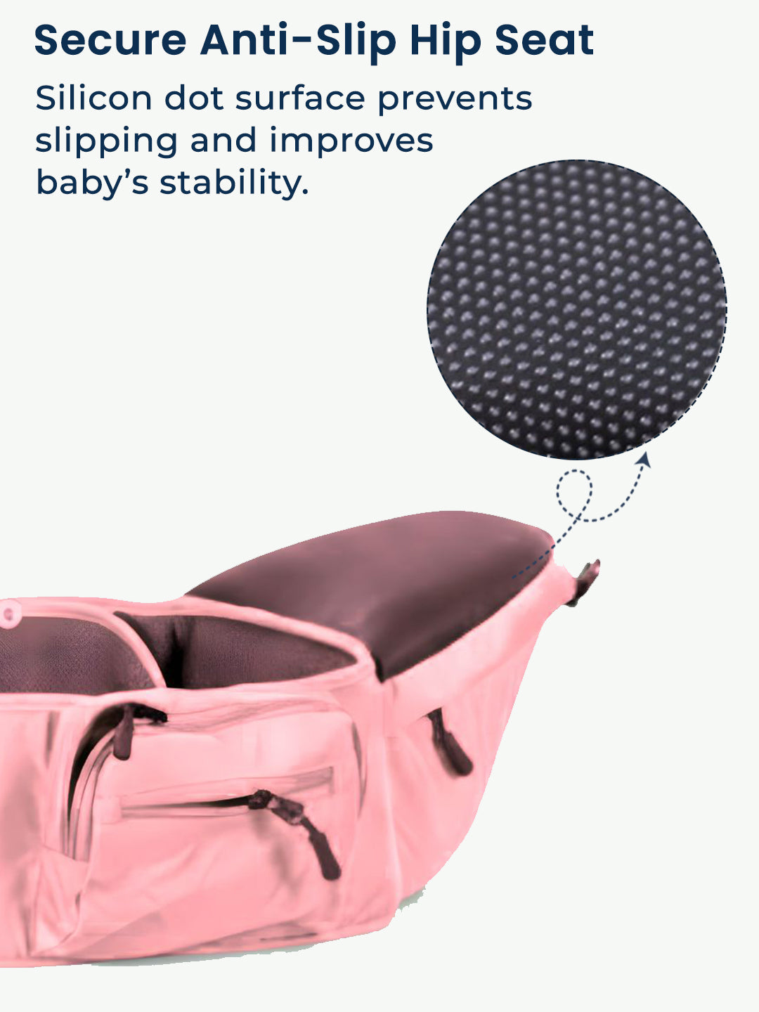 Pink hip seat with anti-slip feature and close-up of silicone dot surface on a white background