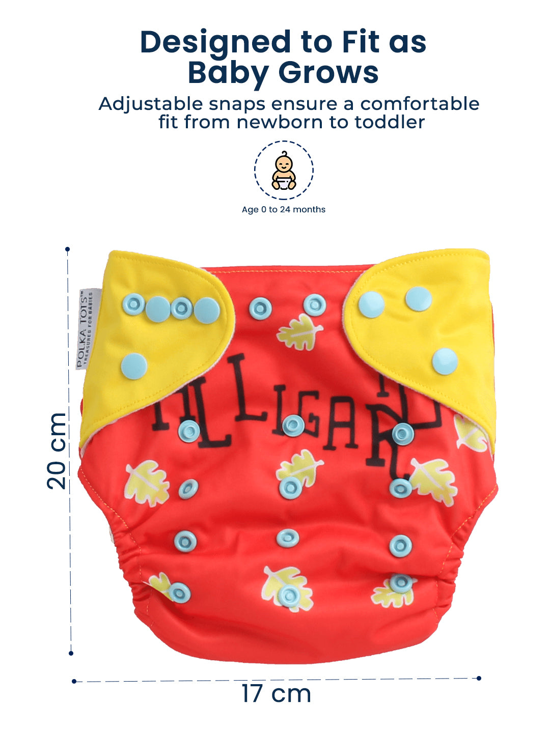 Red baby diaper with yellow accents and 'Alligator' print, showing adjustable snaps and size dimensions.