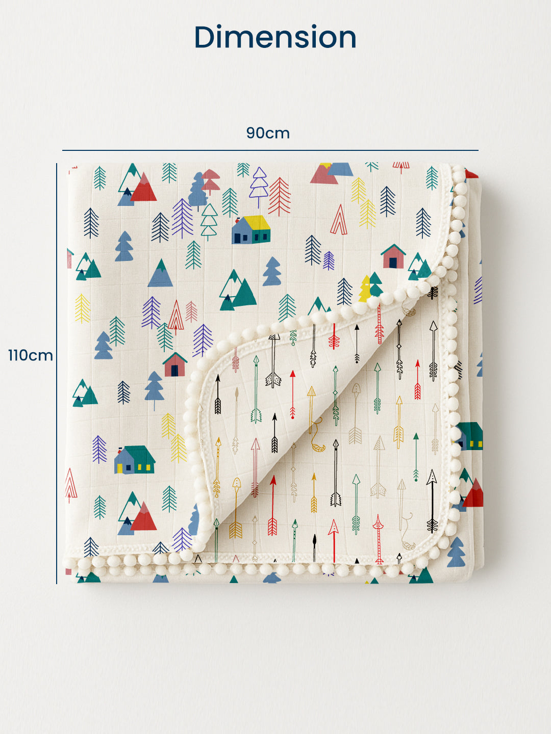 Polka Tots 100% Soft Muslin Cotton 3-Layer Reversible Baby Blanket/Dohar with Pom-Pom Lace - Tiny Town and Cupid Print