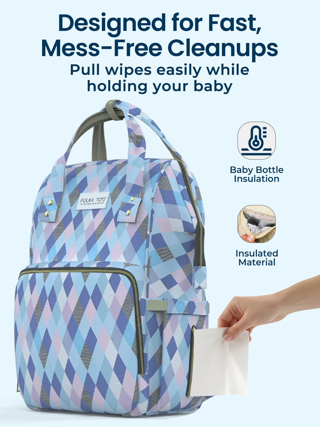 Patterned backpack with baby bottle insulation and wipes, held by a hand.