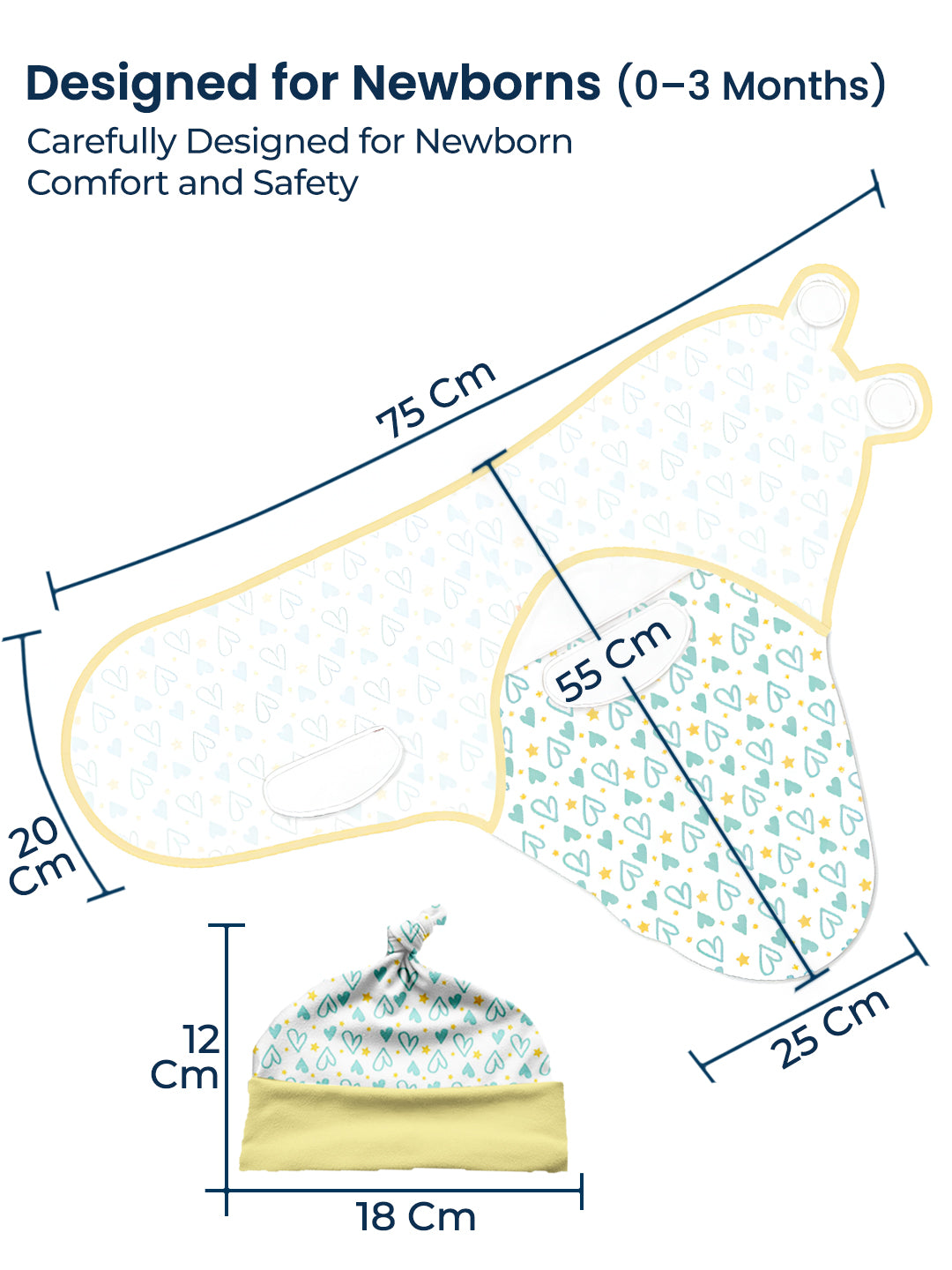 Measurement chart for baby products designed for newborns, showing dimensions in centimeters.