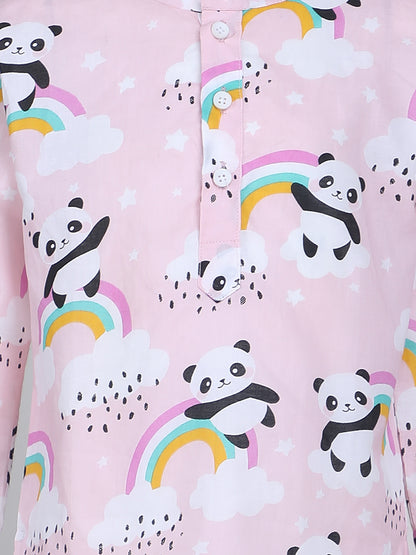 Polka Tots Panda Rainbow Print Full sleeves Nightwear Kurta pyjama set - Pink