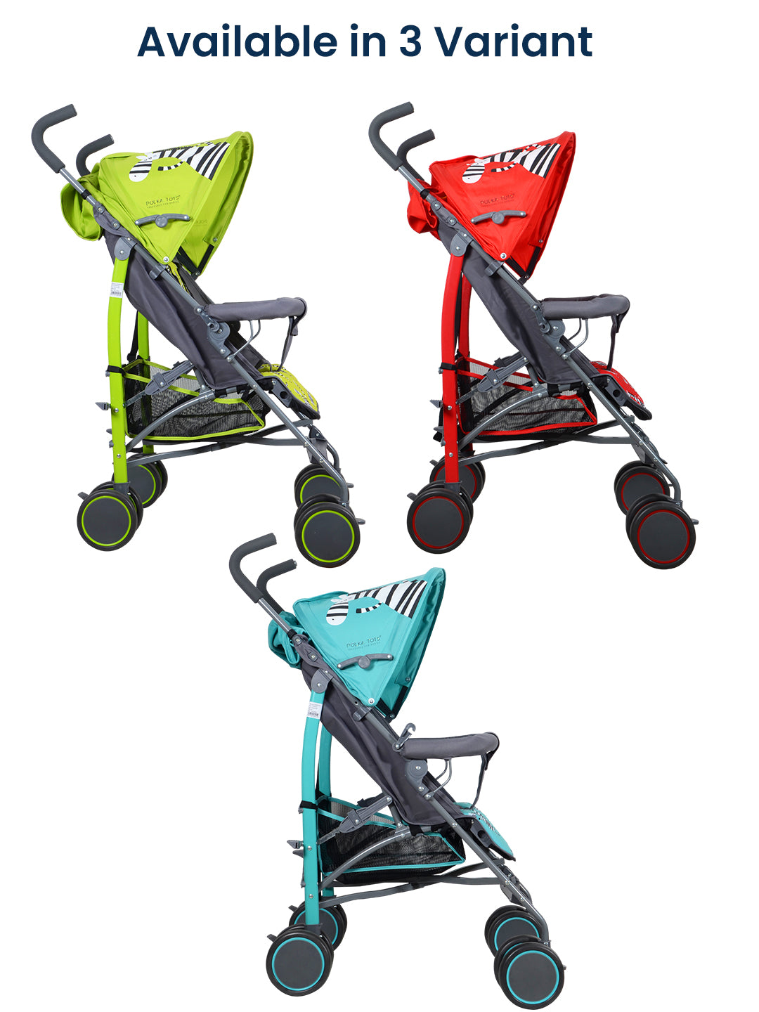 Three colorful strollers with text indicating variants on a white background