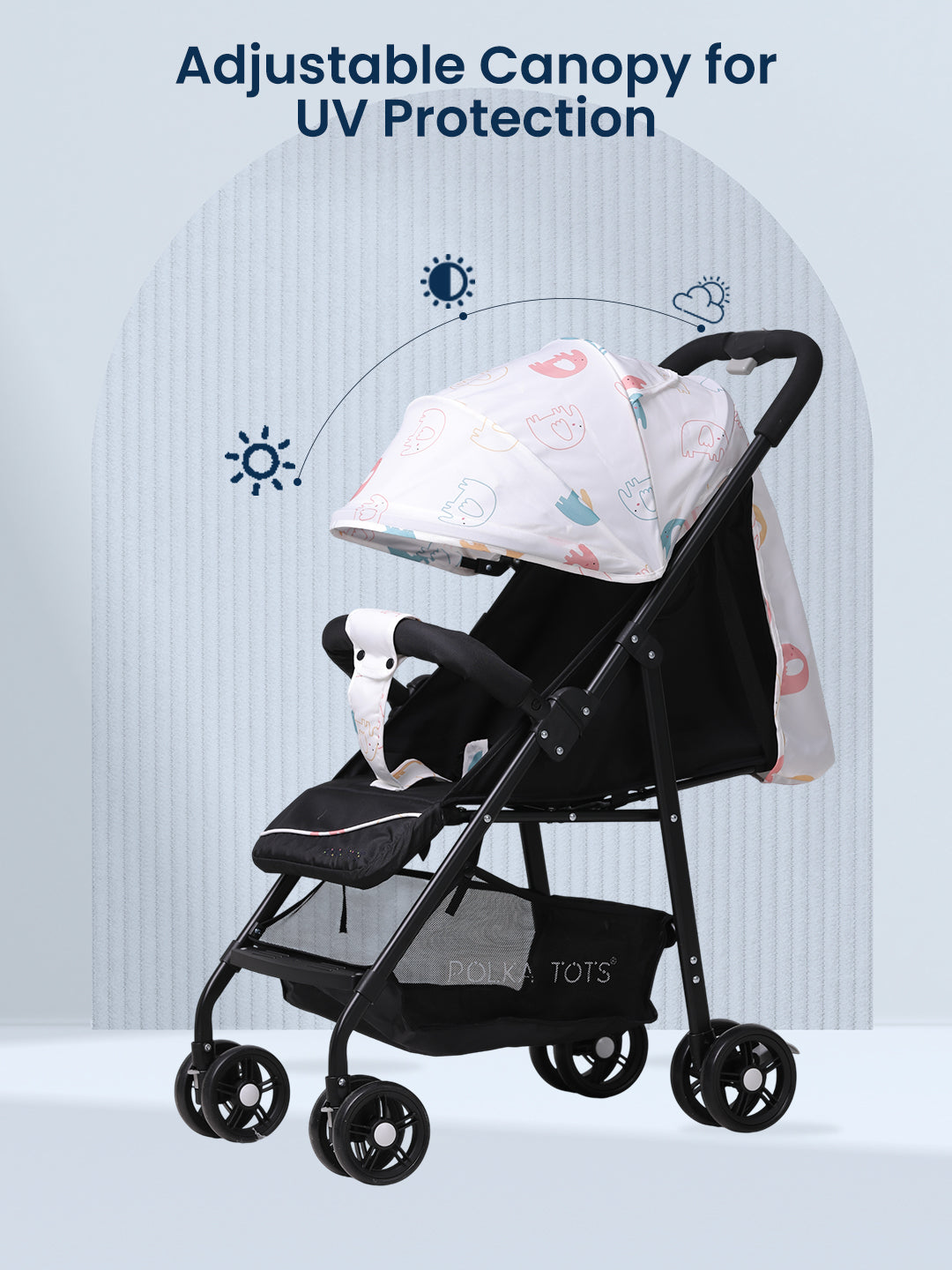 Black stroller with adjustable canopy for UV protection on a light gray background