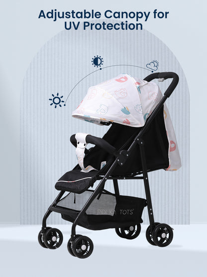 Black stroller with adjustable canopy for UV protection on a light gray background