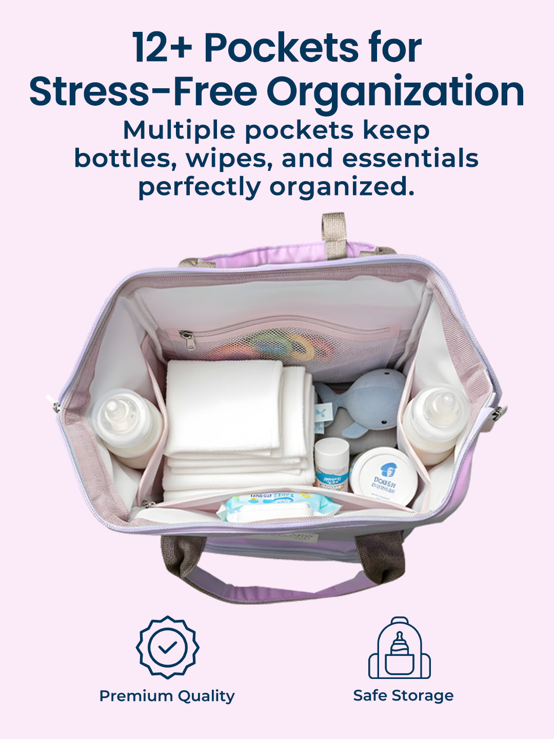 Backpack with multiple pockets containing bottles and wipes on a white background