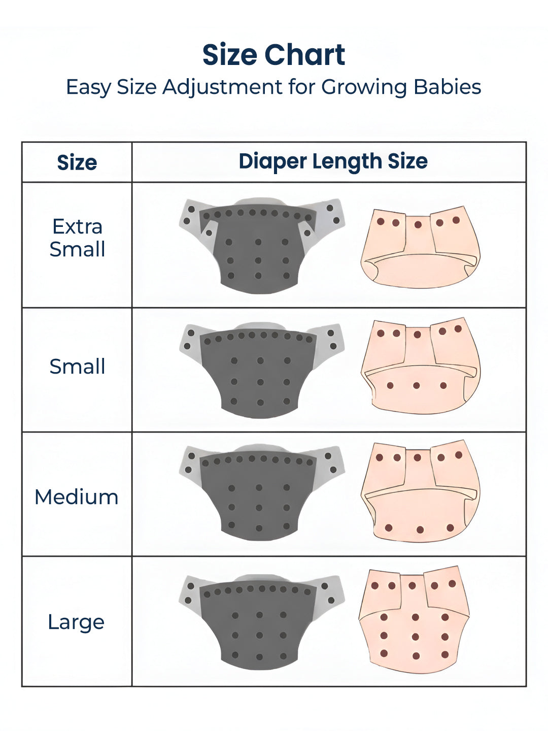 Size chart for diaper length adjustment with illustrations of diapers for different sizes.
