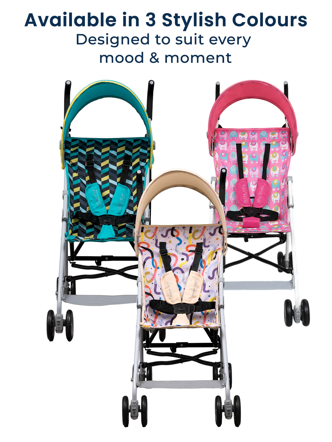 Three colorful baby strollers with patterned seats on a white background
